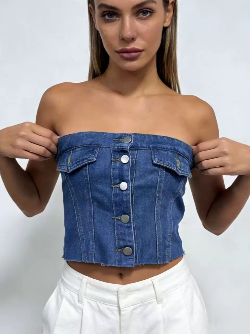 ZARA Sexy Blue Cotton Denim Tube Top Slim Fit Short